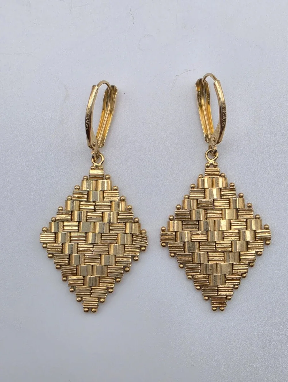 VTG 14K Yellow Gold Imperial Woven Basket Weave Diamond Drop Earrings 7.86g